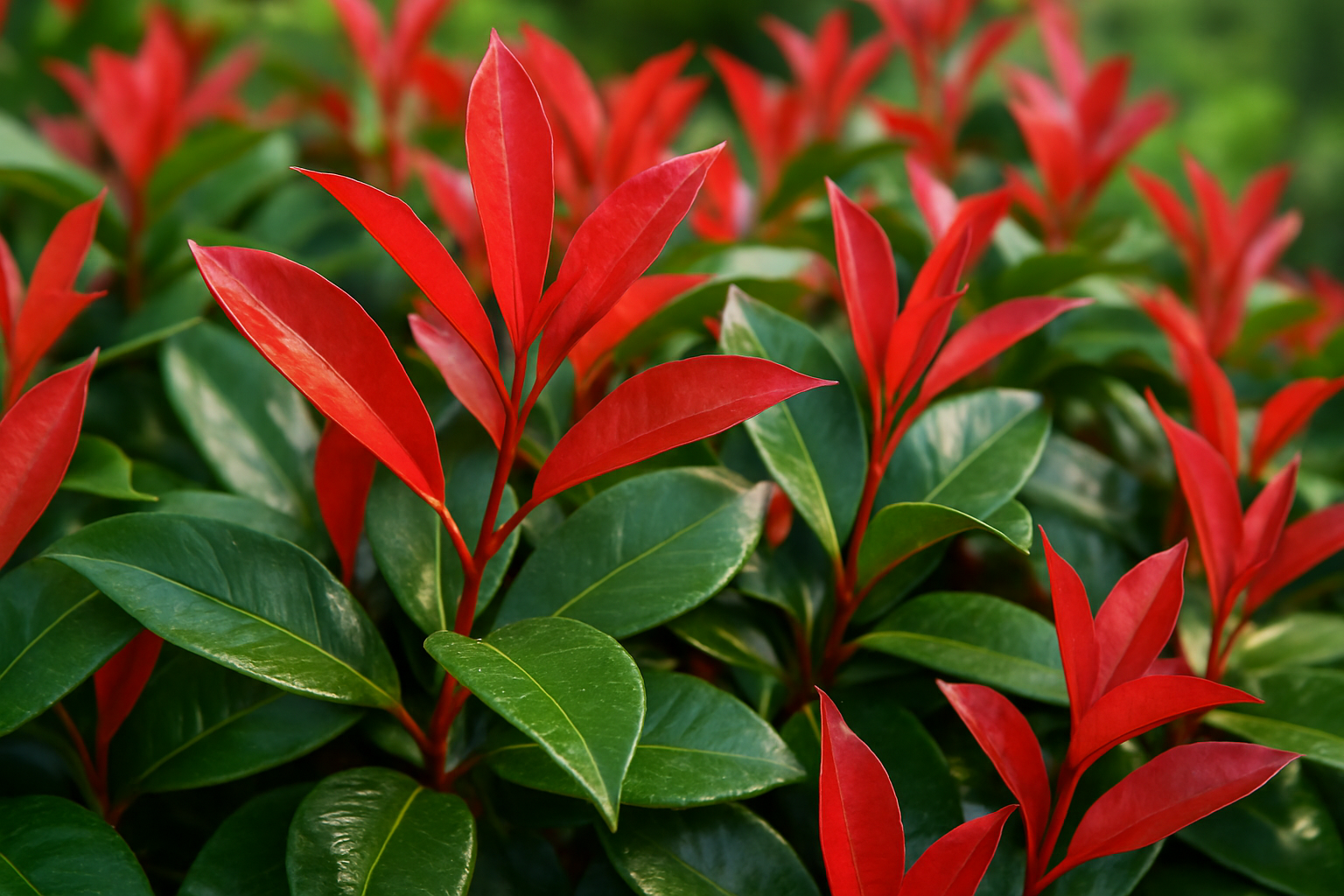 close up of photinia red robin hedge